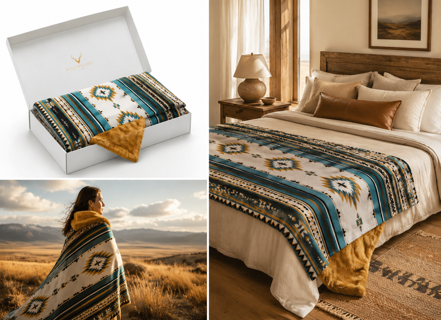 Turquoise Oasis Reversible Blanket – Southwestern Wool Blend Throw with Faux Fox Fur