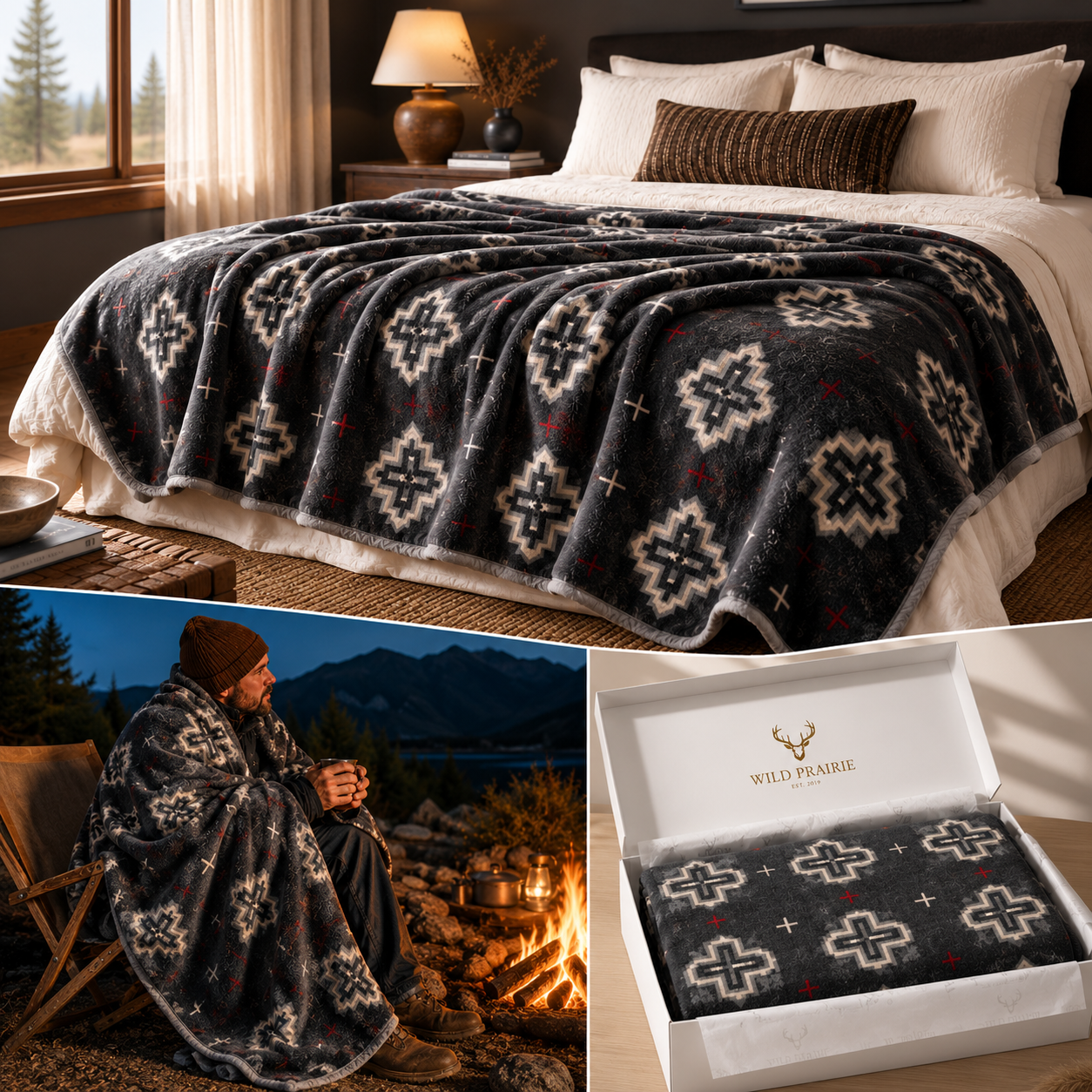 Midnight Summit Merino Wool Blanket –  Southwest Premium Heavyweight Throw with Suede Trim