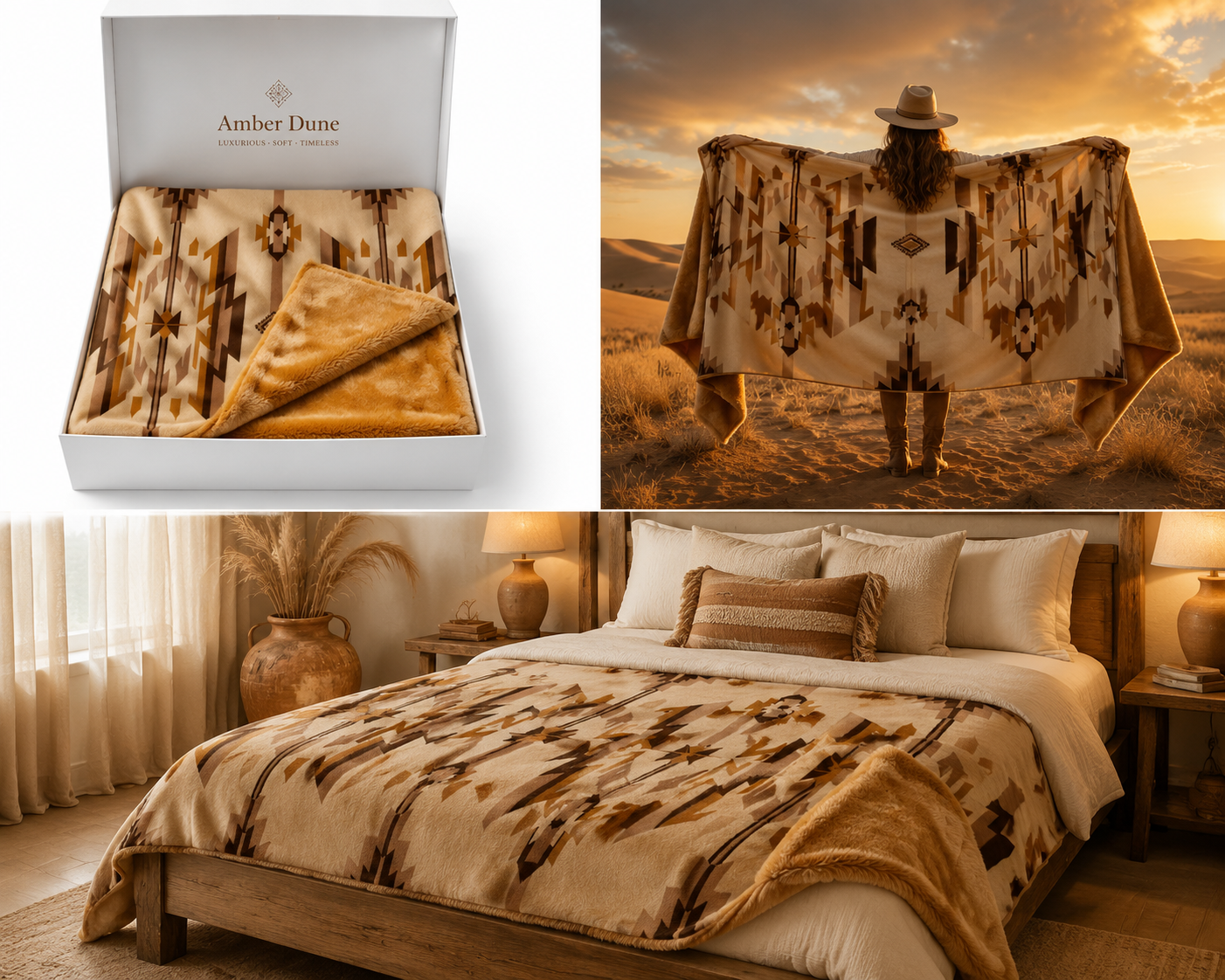 Amber Dune Reversible Blanket – Southwestern Wool Blend Throw with Faux Fox Fur
