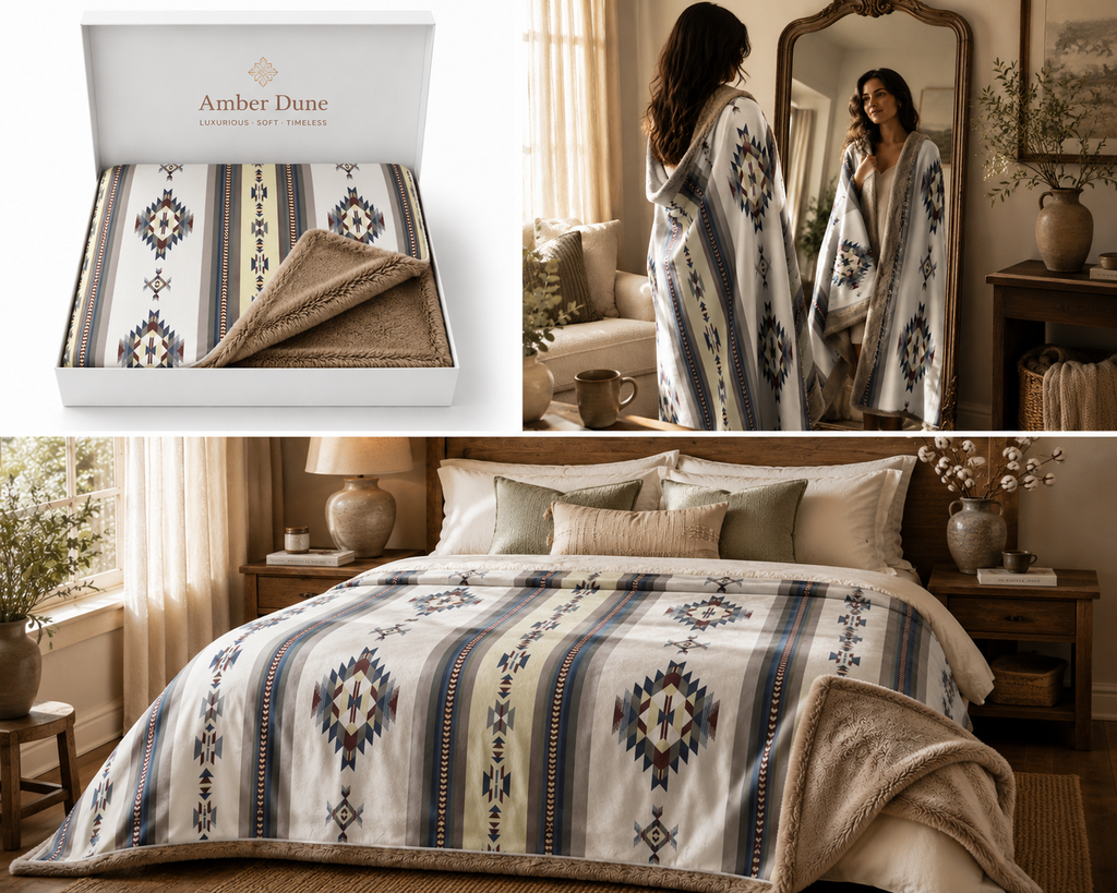 Golden Hour Reversible Blanket – Southwestern Wool Blend Throw with Faux Mink Fur