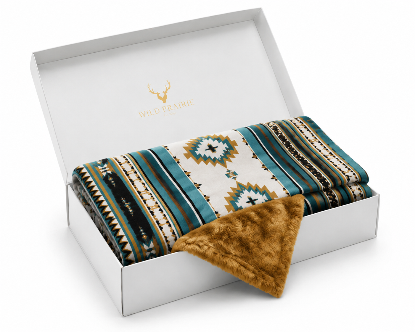 Turquoise Oasis Reversible Blanket – Southwestern Wool Blend Throw with Faux Fox Fur