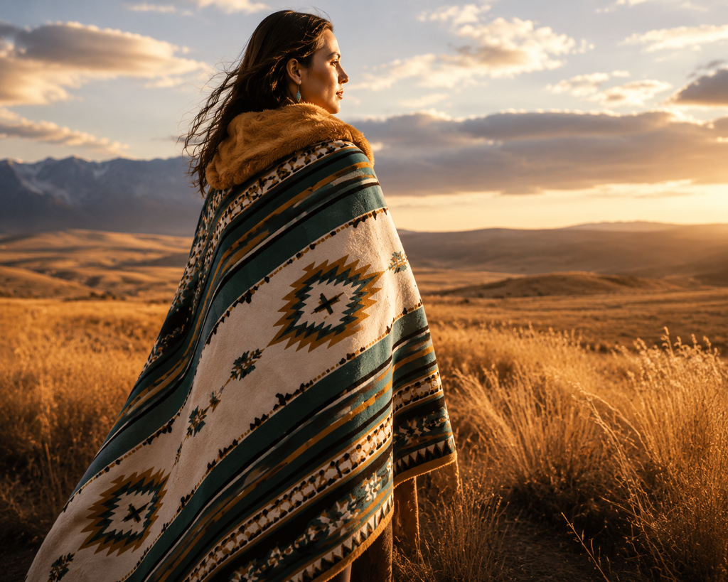 Turquoise Oasis Reversible Blanket – Southwestern Wool Blend Throw with Faux Fox Fur