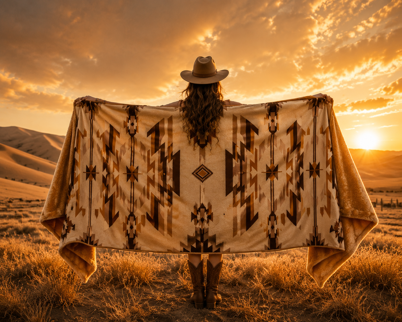 Amber Dune Reversible Blanket – Southwestern Wool Blend Throw with Faux Fox Fur