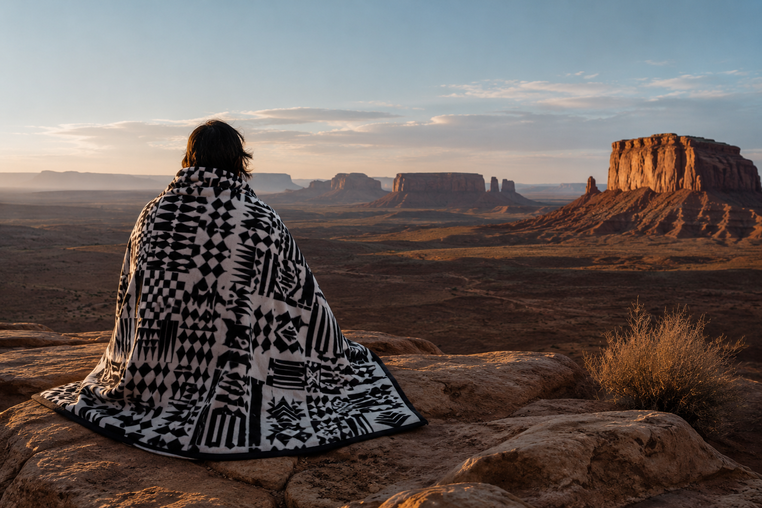 Vigil Monument Merino Wool Blanket –  Zen Geometric Pattern | Premium Heavyweight Throw with Suede Trim