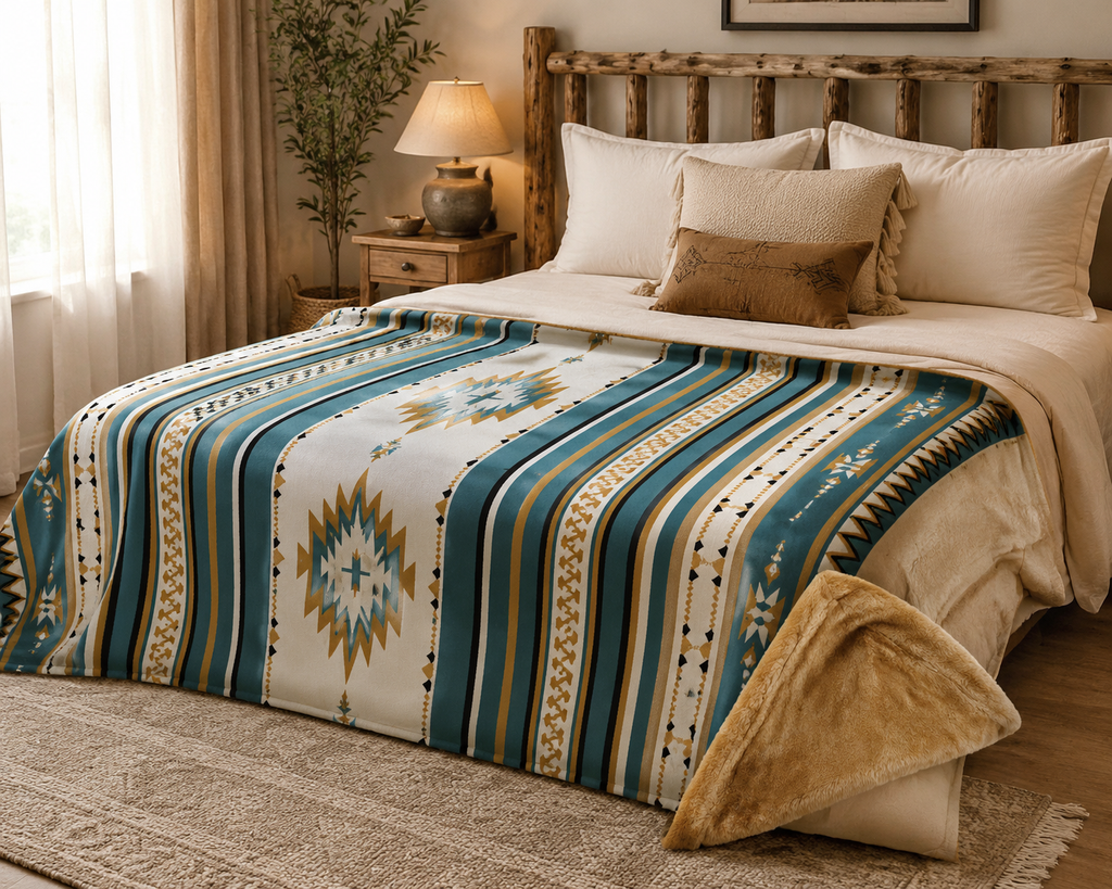 Turquoise Oasis Reversible Blanket – Southwestern Wool Blend Throw with Faux Fox Fur