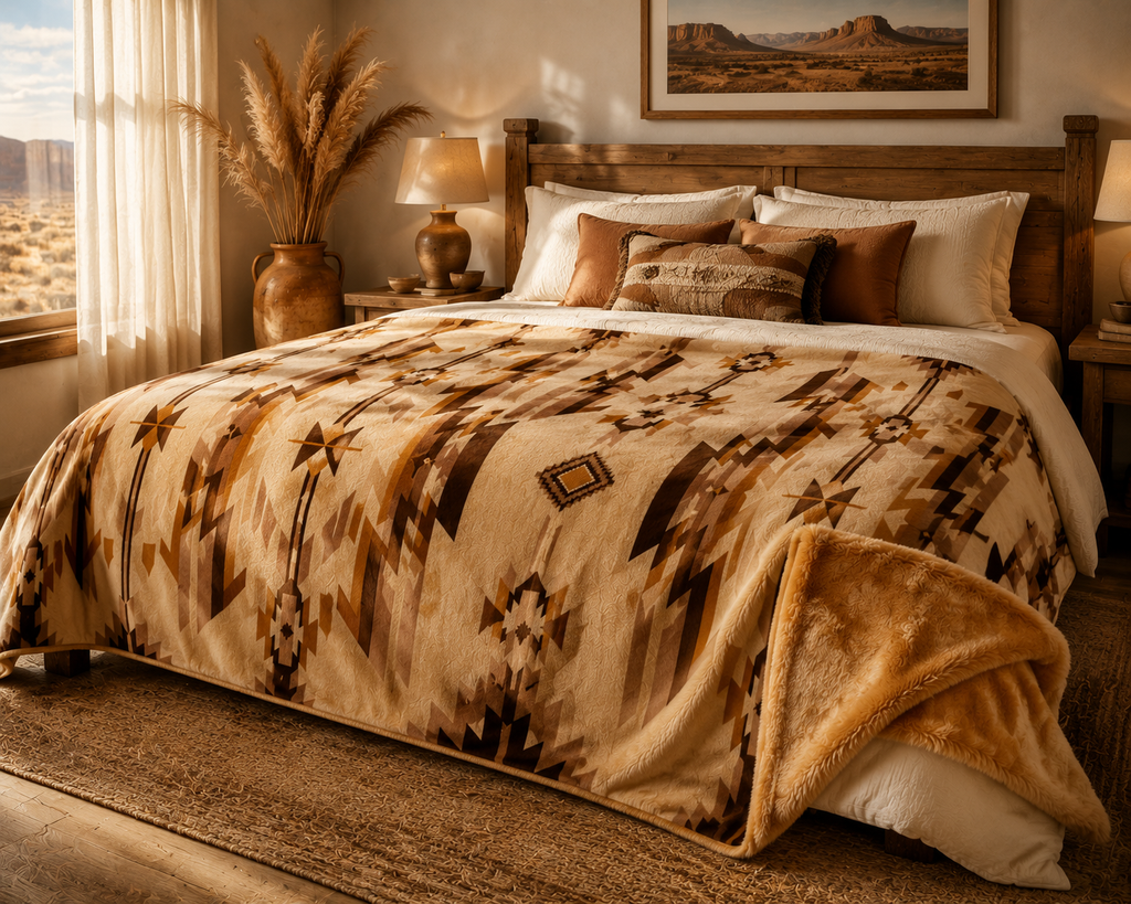 Amber Dune Reversible Blanket – Southwestern Wool Blend Throw with Faux Fox Fur