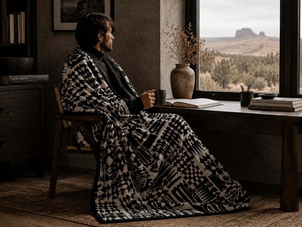Vigil Monument Merino Wool Blanket –  Zen Geometric Pattern | Premium Heavyweight Throw with Suede Trim