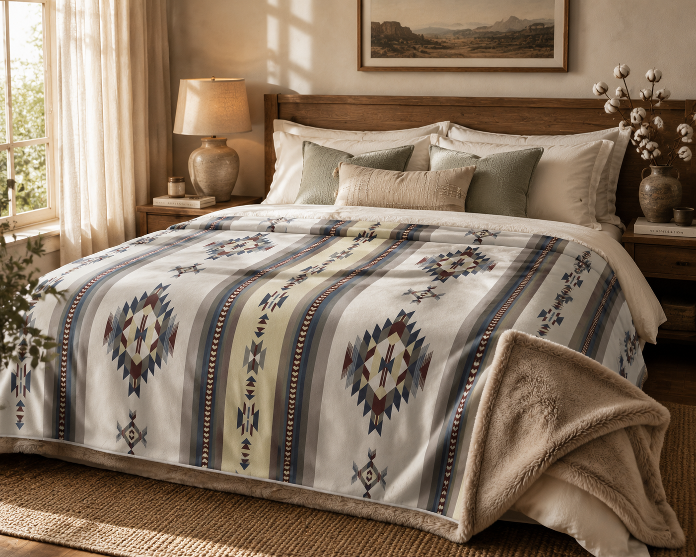 Golden Hour Reversible Blanket – Southwestern Wool Blend Throw with Faux Mink Fur