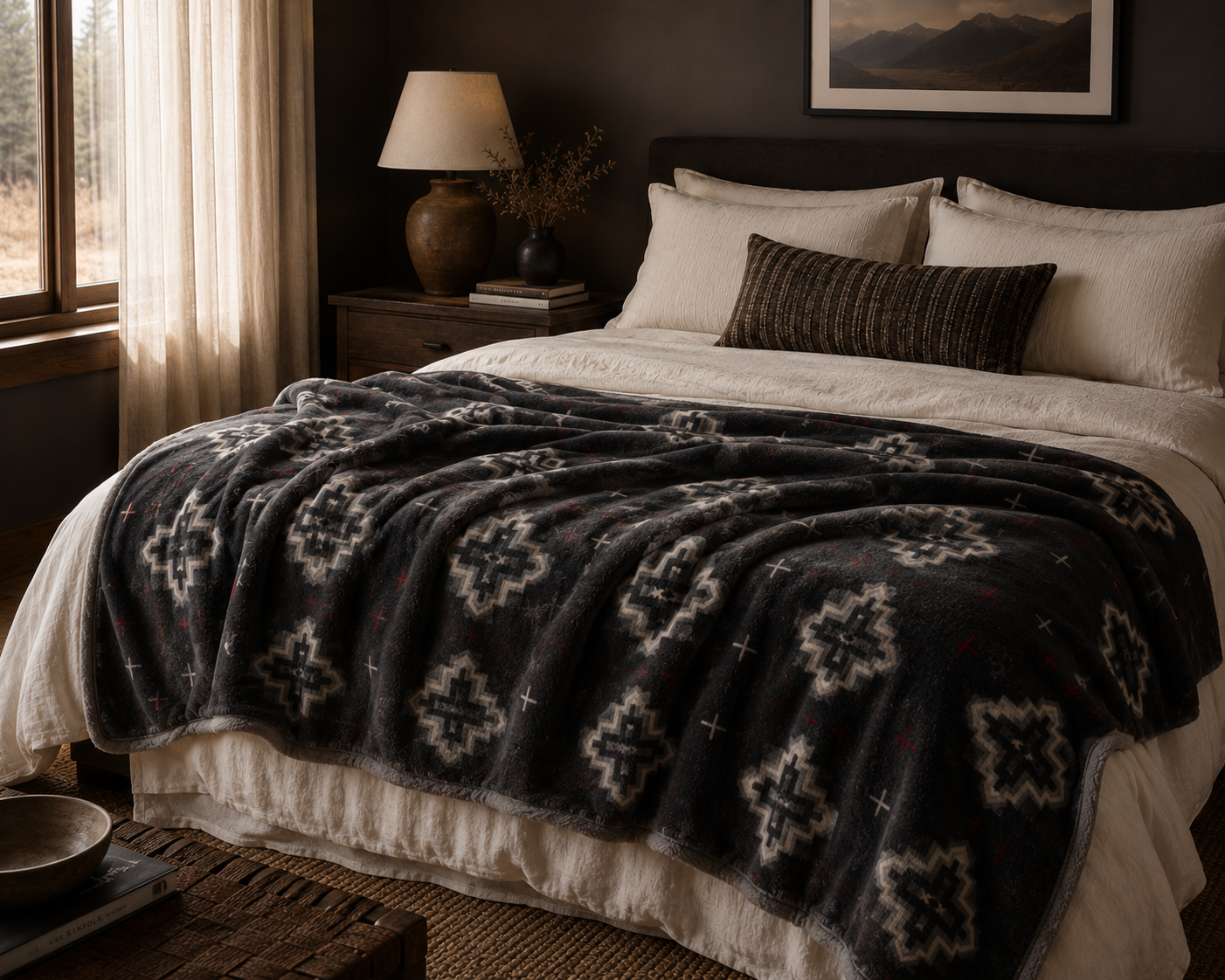 Midnight Summit Merino Wool Blanket –  Southwest Premium Heavyweight Throw with Suede Trim