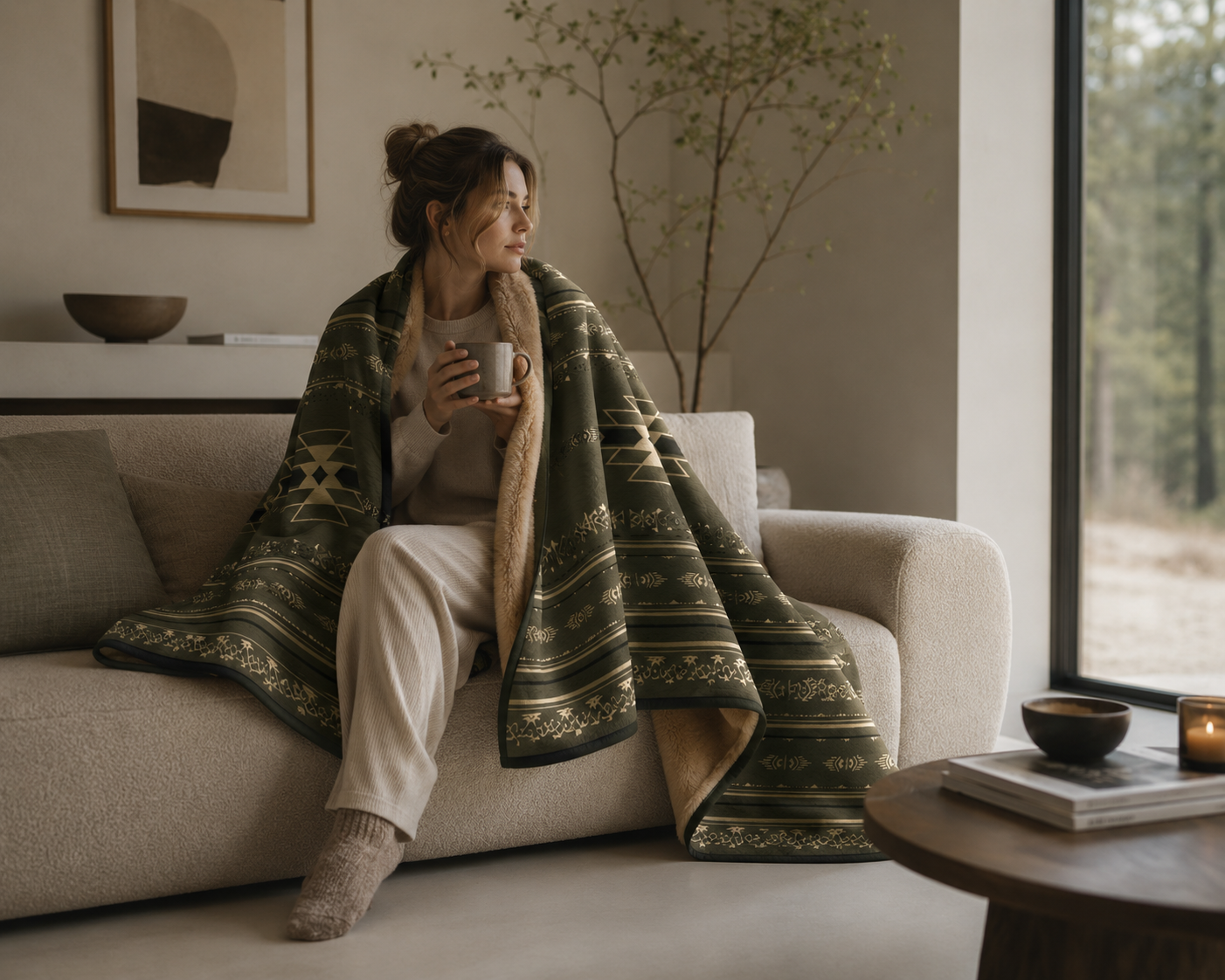 Canopy Drift Dual-sided Blanket – Wool Blend Throw with Faux Fox Fur